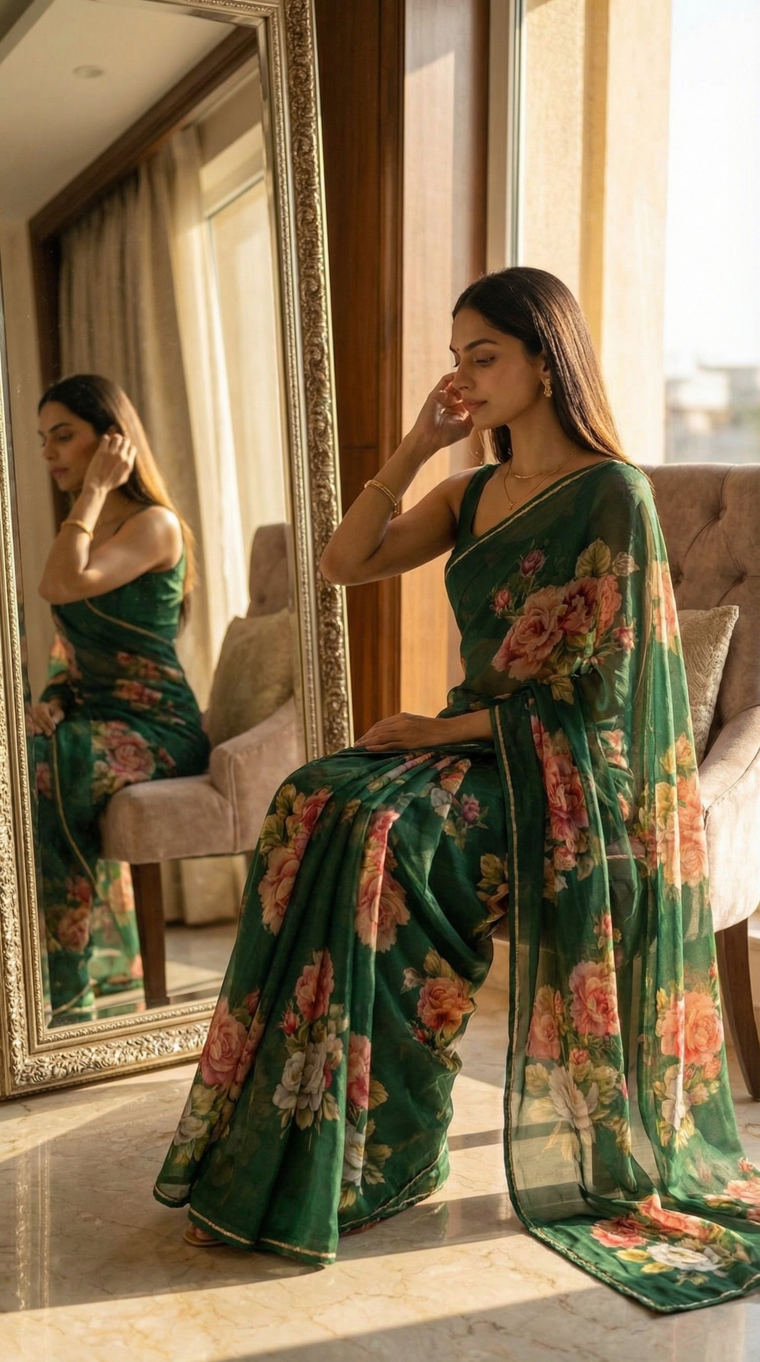 Woman wearing a dark green chiffon saree with floral prints, sitting in front of a mirror.