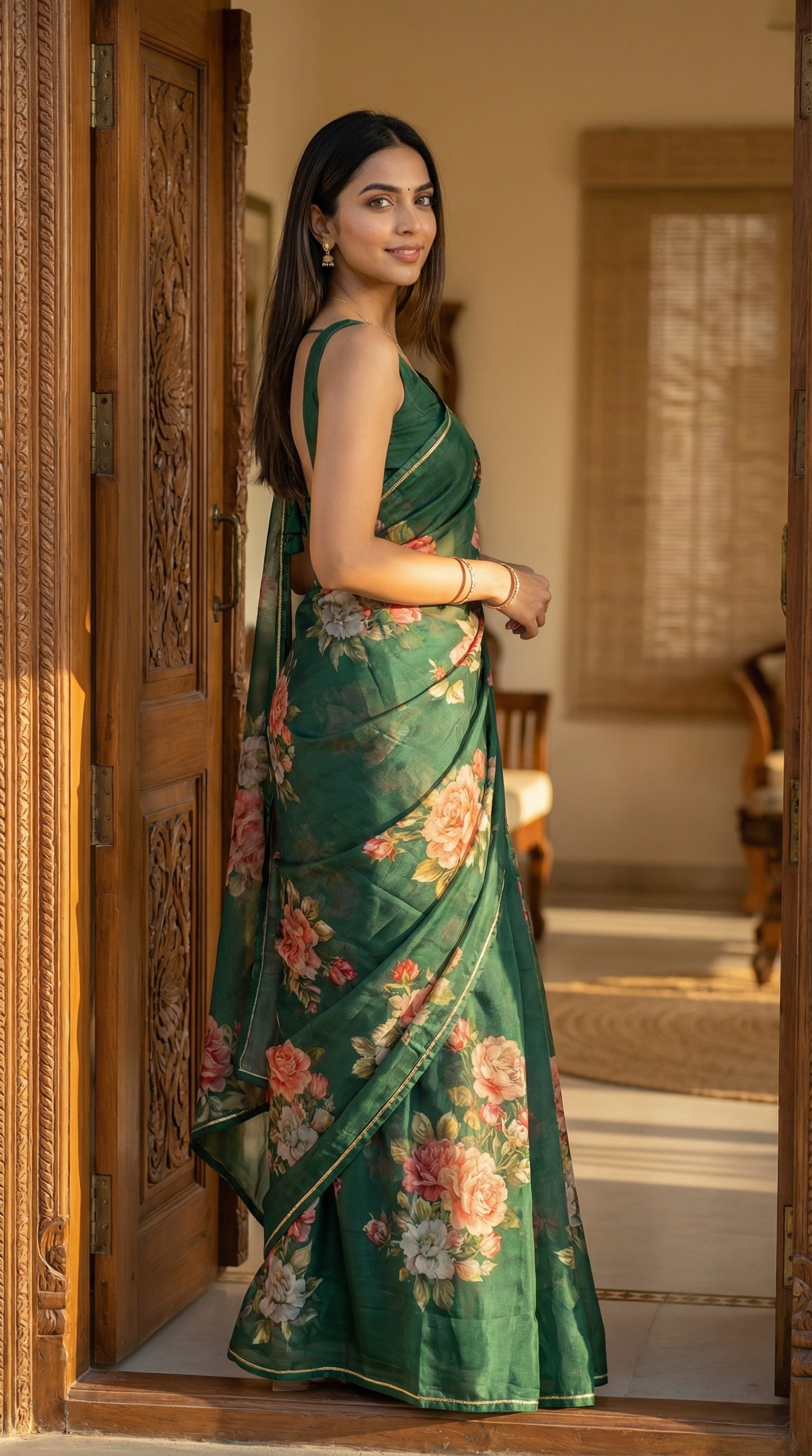 Woman wearing a dark green chiffon saree with floral prints, standing in a doorway.