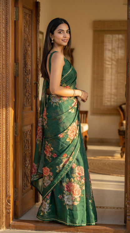 Woman wearing a dark green chiffon saree with floral prints, standing in a doorway.