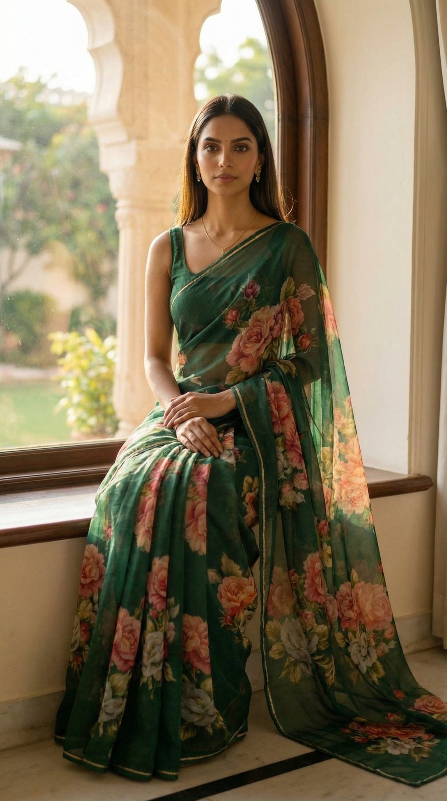 Woman wearing a dark green chiffon saree with floral prints, sitting by a window with a blurred outdoor background.