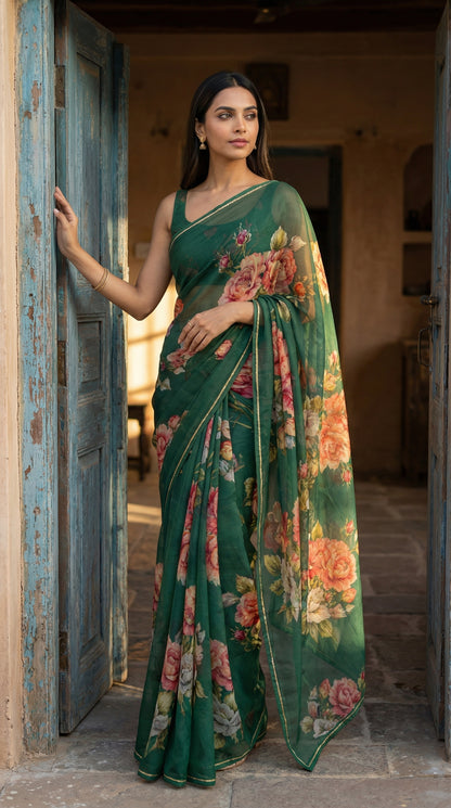 Woman wearing a dark green chiffon saree with floral prints, standing in a doorway.