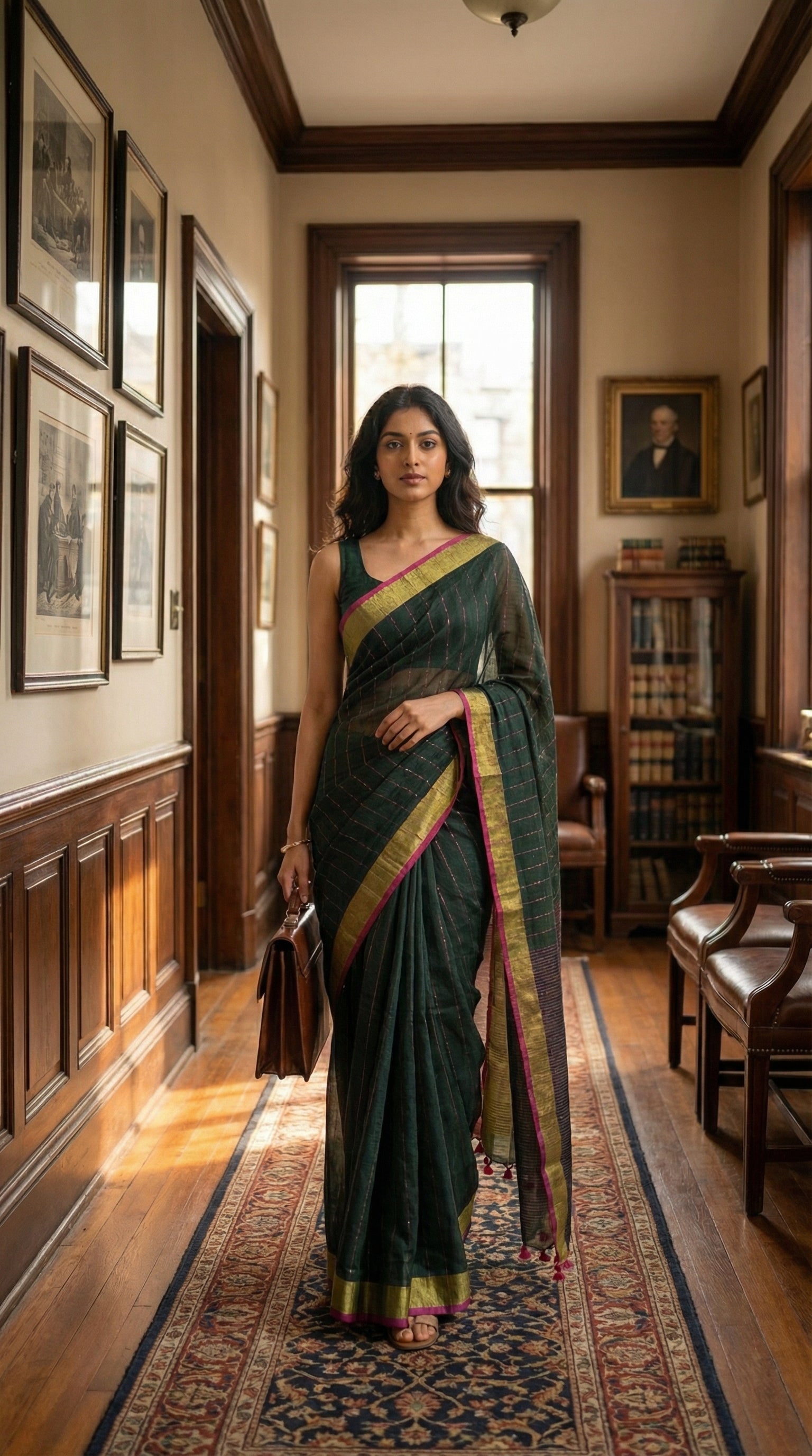 Woman in a dark-green-cotton-linen-saree-zari, standing in a room with wooden floors and framed pictures on the walls.