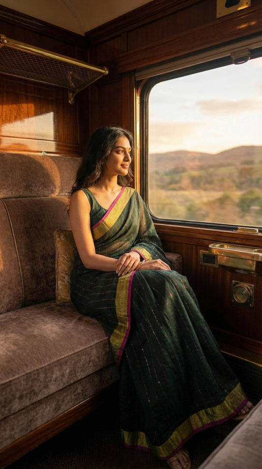 Woman in a dark-green-cotton-linen-saree-zari, sitting on a train looking out the window at a scenic view.