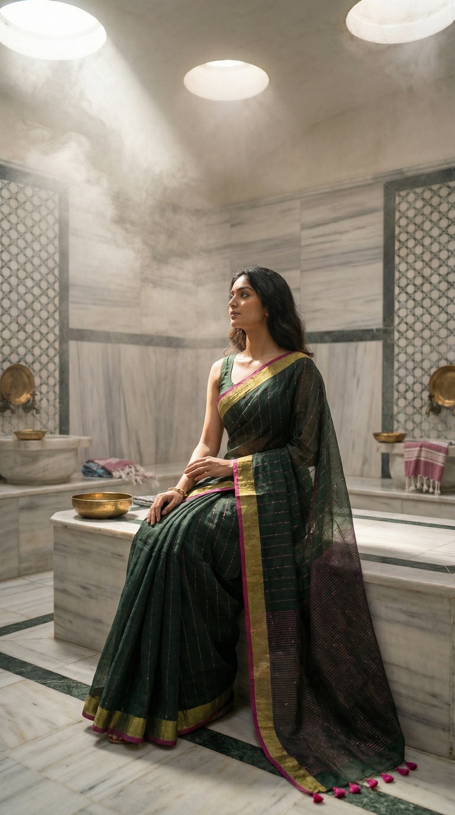 Woman in a dark-green-cotton-linen-saree-zari, sitting in a steam room with marble walls and a stone bench.