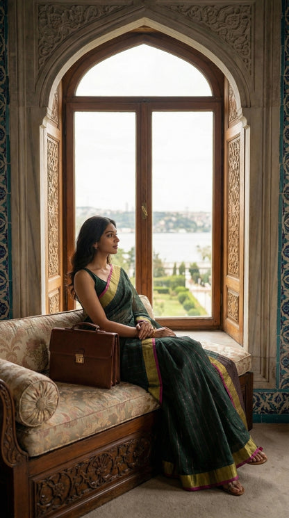 Woman in a dark-green-cotton-linen-saree-zari, sitting on a decorative couch by a large window with a scenic view.