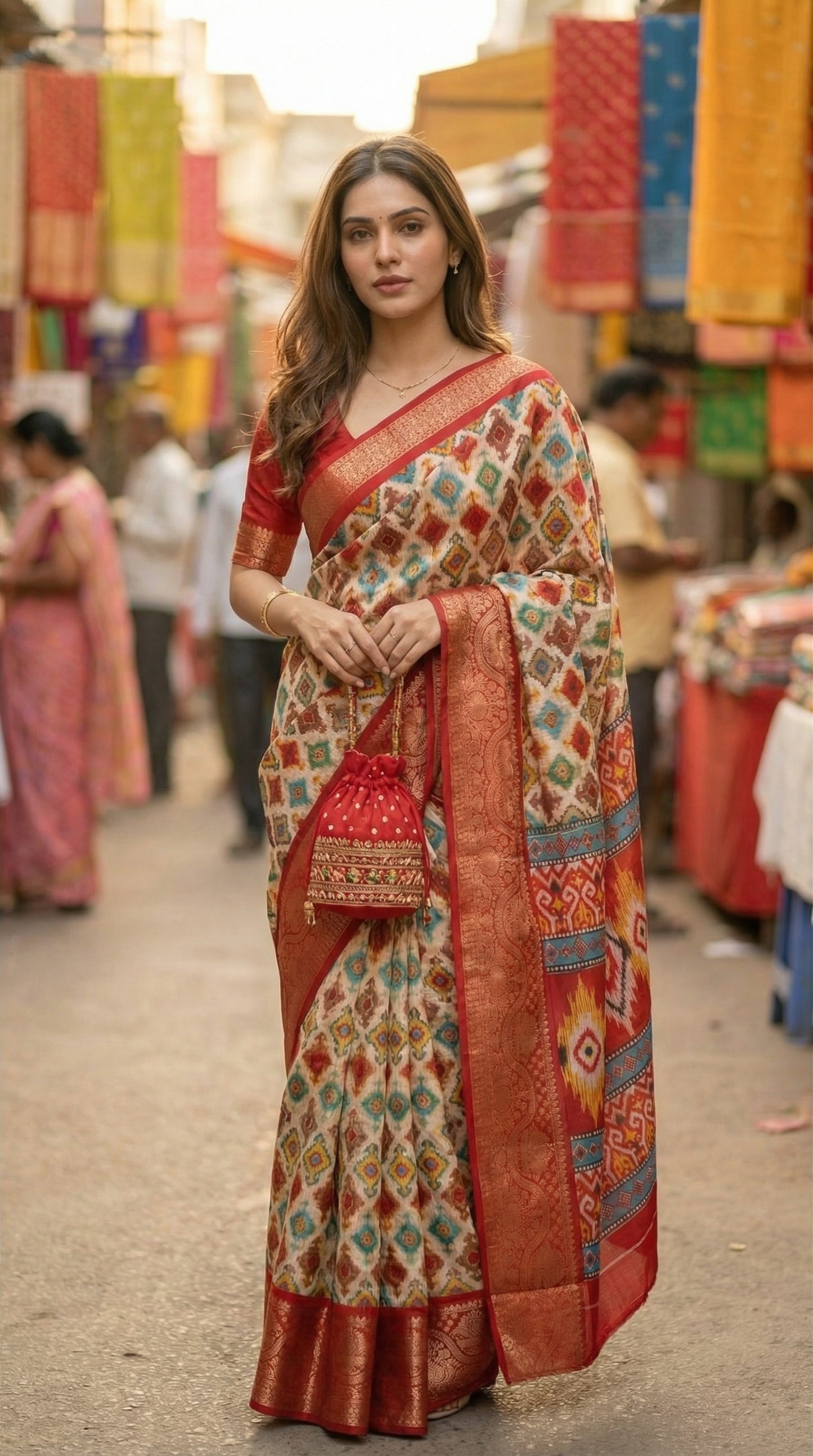 Woman in a designer Cotton Blend Saree – Patola Print with Zari Border saree draped in an outdoor market setting.