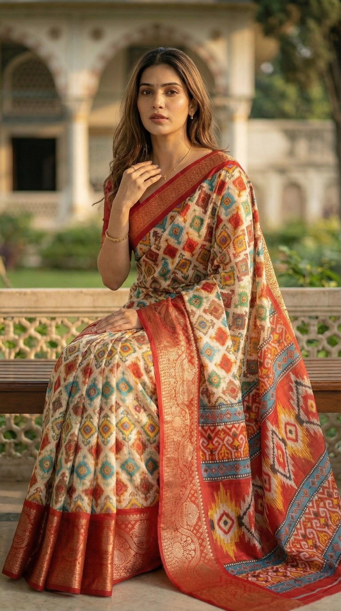 Woman wearing a designer Cotton Blend Saree – Patola Print with Zari Border saree draped in an outdoor setting.