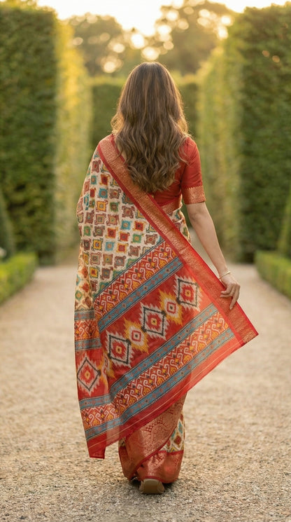Woman in a designer Cotton Blend Saree – Patola Print with Zari Border saree draped walking on a path with greenery in the background.