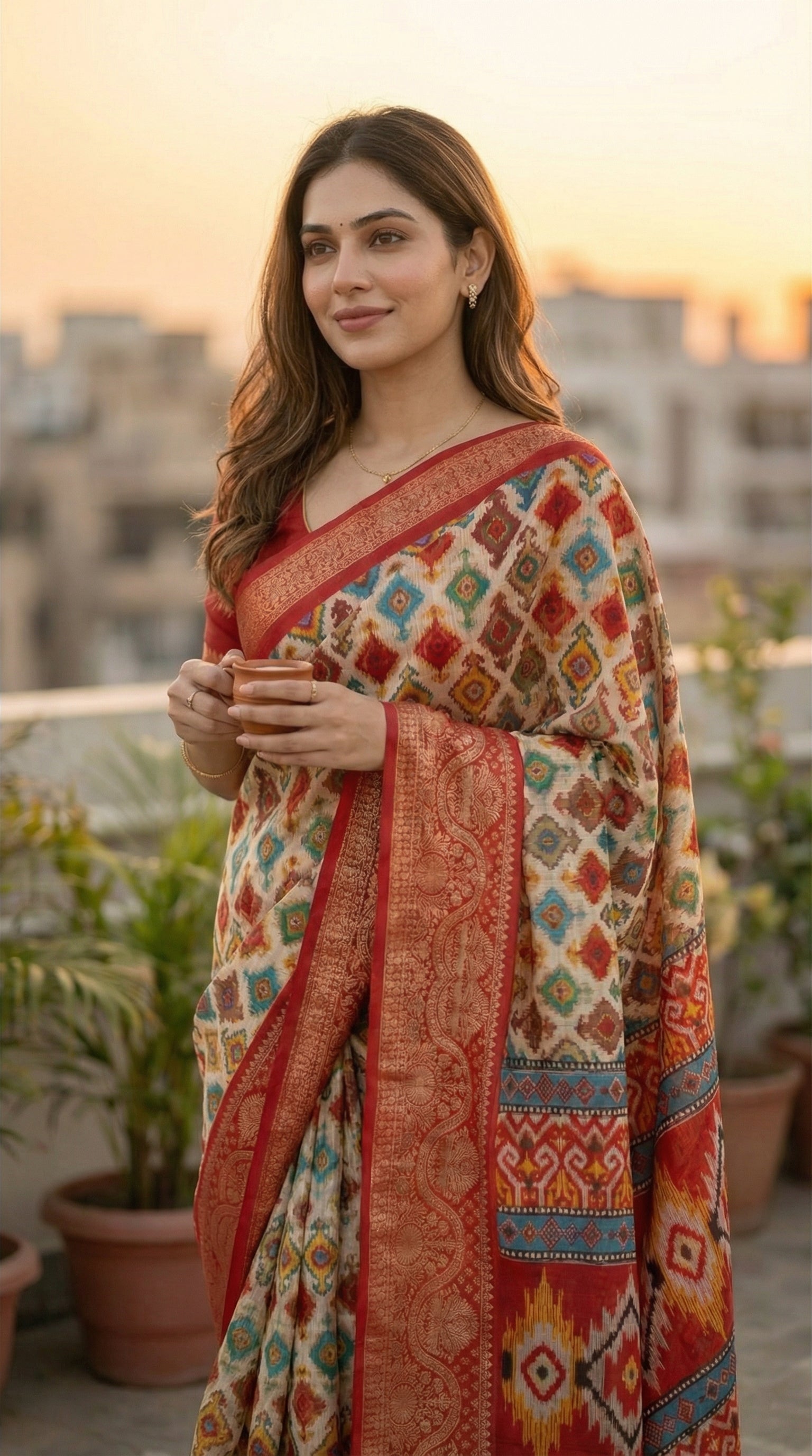 Woman wearing a designer Cotton Blend Saree – Patola Print with Zari Border saree draped on a rooftop with plants and buildings in the background.