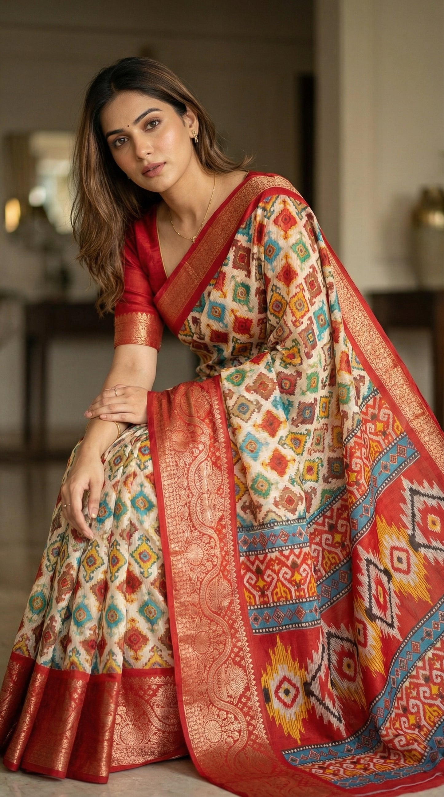 Woman wearing a designer Cotton Blend Saree – Patola Print with Zari Border saree draped in a well-lit room.