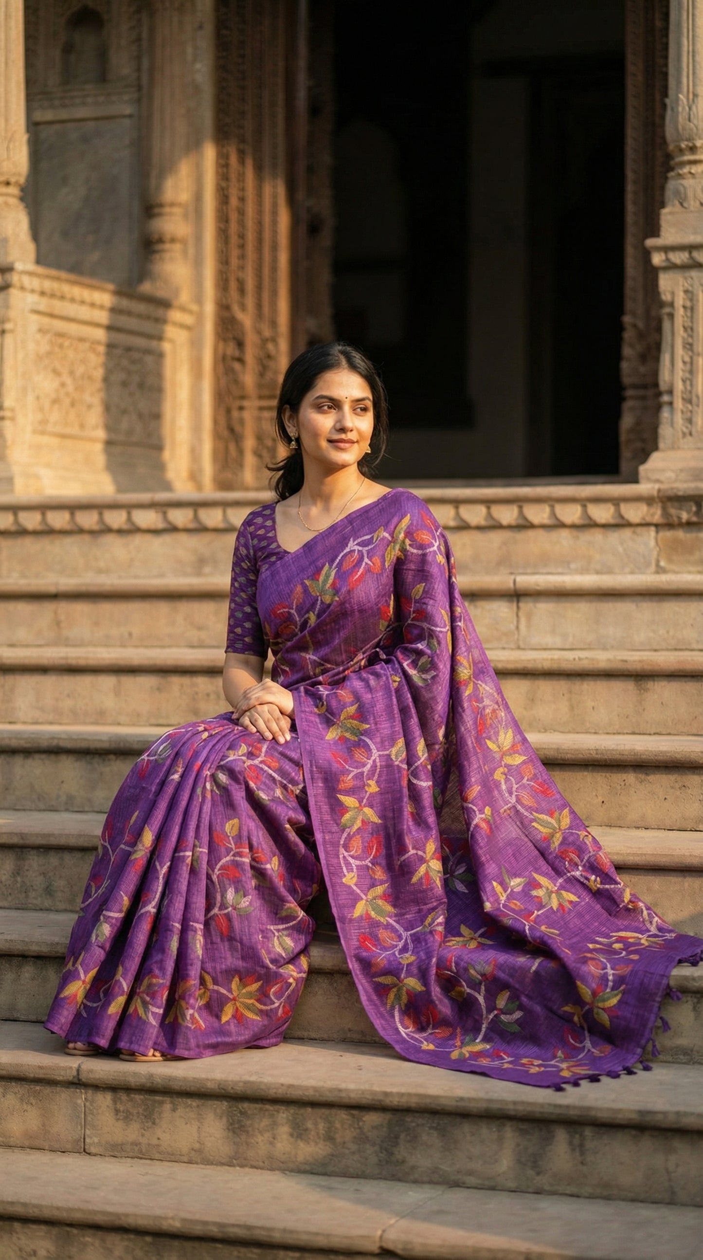 Woman wearing Designer Cotton Blend Saree – Purple with Multicolor Leaf & Vine Motifs saree draped sitting gracefully on temple stairs.