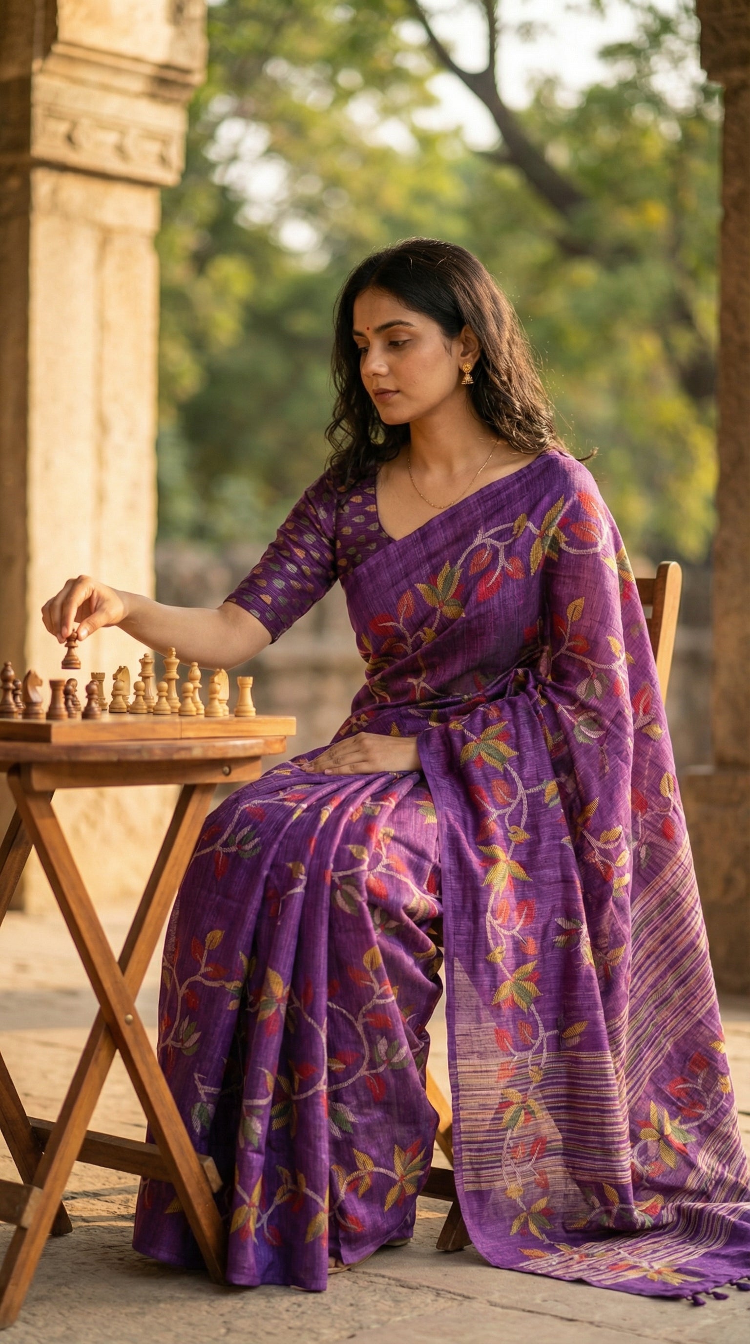 Woman wearing Designer Cotton Blend Saree – Purple with Multicolor Leaf & Vine Motifs saree draped sitting on a wooden chair, playing chess in an outdoor setup.