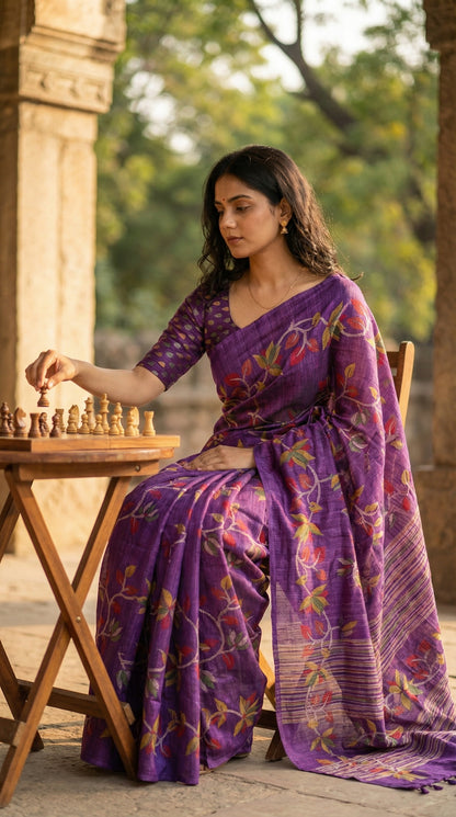 Woman wearing Designer Cotton Blend Saree – Purple with Multicolor Leaf & Vine Motifs saree draped sitting on a wooden chair, playing chess in an outdoor setup.