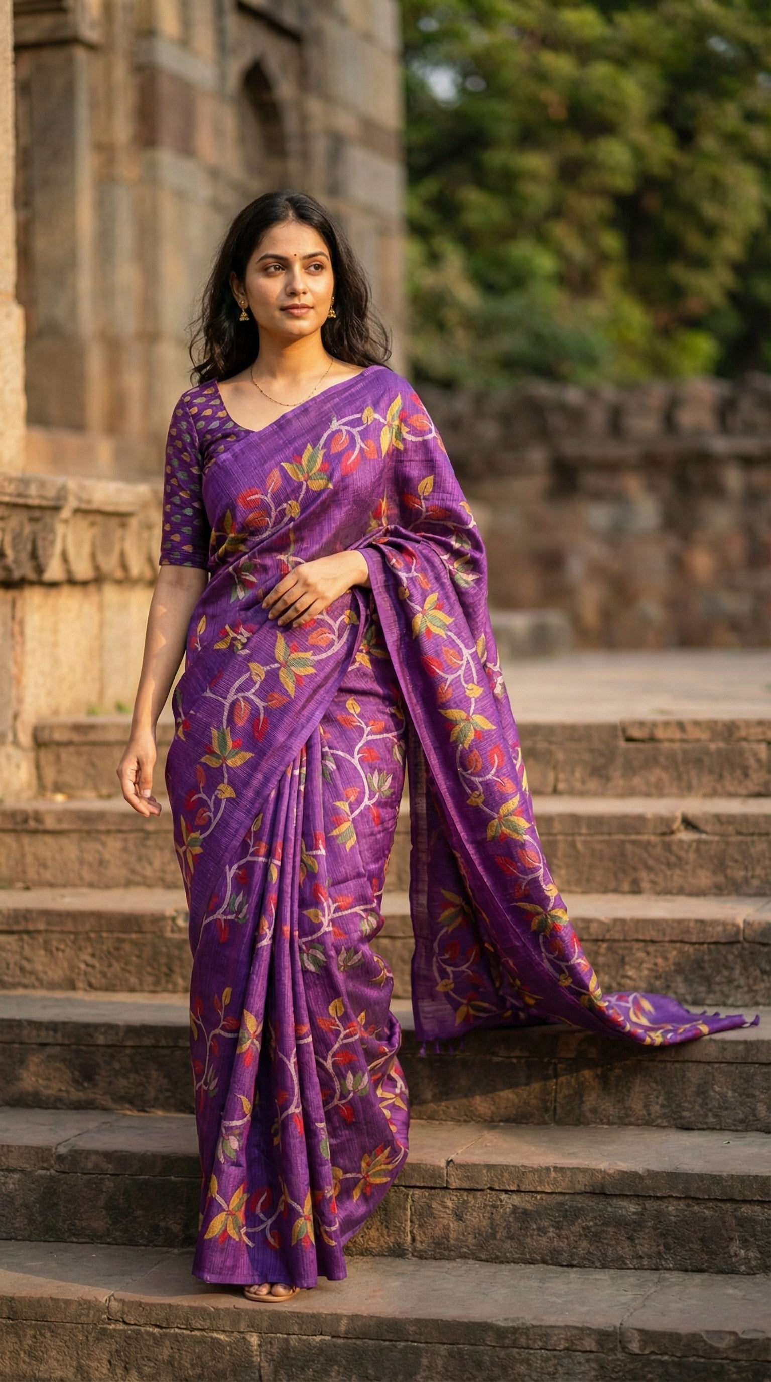 Woman wearing Designer Cotton Blend Saree – Purple with Multicolor Leaf & Vine Motifs saree draped walking down steps in an architectural setup.
