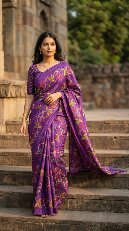 Woman wearing Designer Cotton Blend Saree – Purple with Multicolor Leaf & Vine Motifs saree draped walking down steps in an architectural setup.