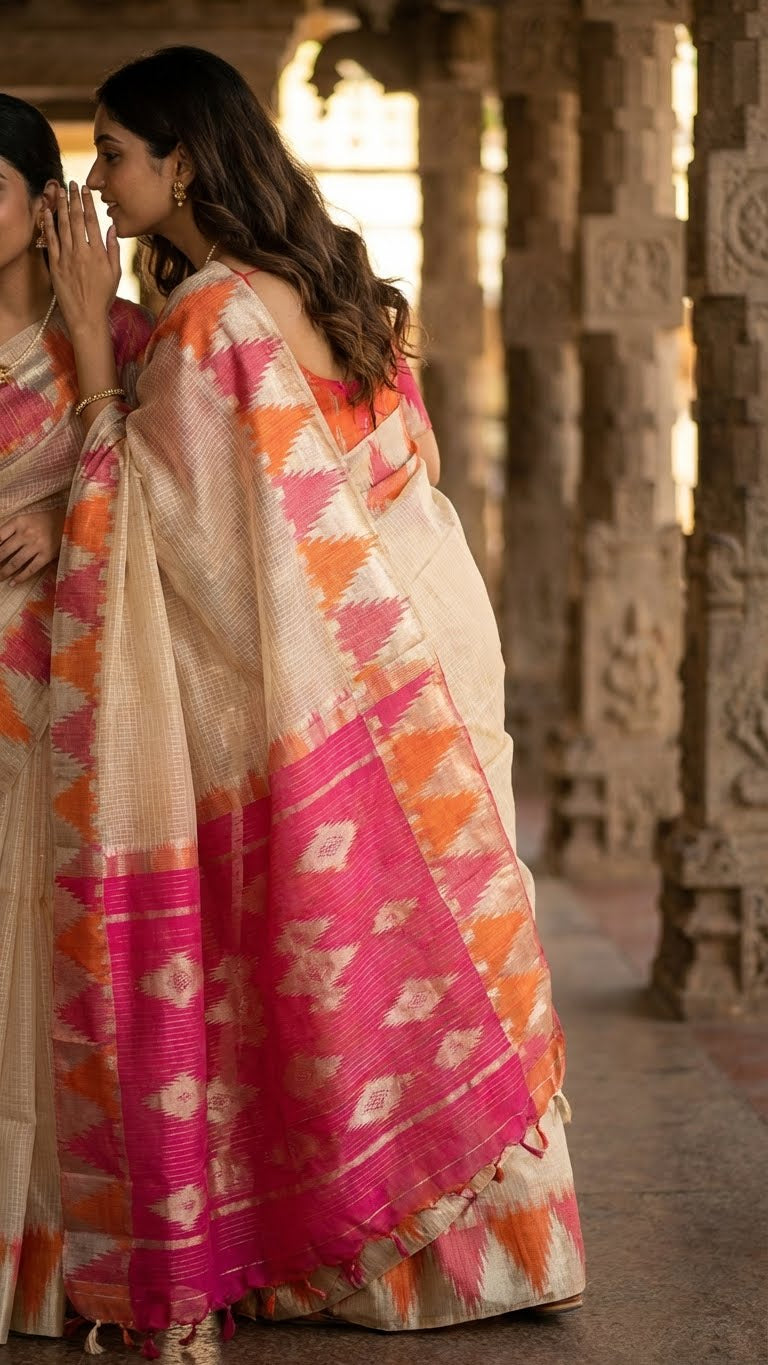 Two women in Kota blend saree – cream base with vibrant zigzag pallu saree standing in a temple setting.