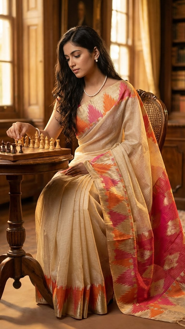 Woman in a Kota blend saree – cream base with vibrant zigzag pallu saree playing chess in a room with wooden furniture.