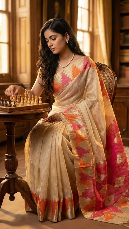 Woman in a Kota blend saree – cream base with vibrant zigzag pallu saree playing chess in a room with wooden furniture.