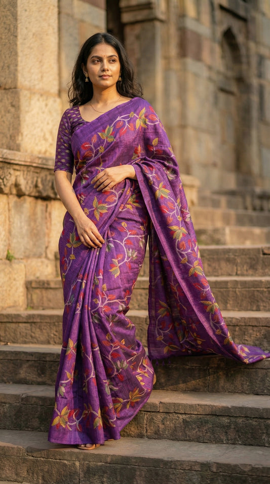 Woman wearing Designer Kota Blend Saree – Purple with Multicolor Leaf & Vine Motifs saree draped walking down steps of a temple.