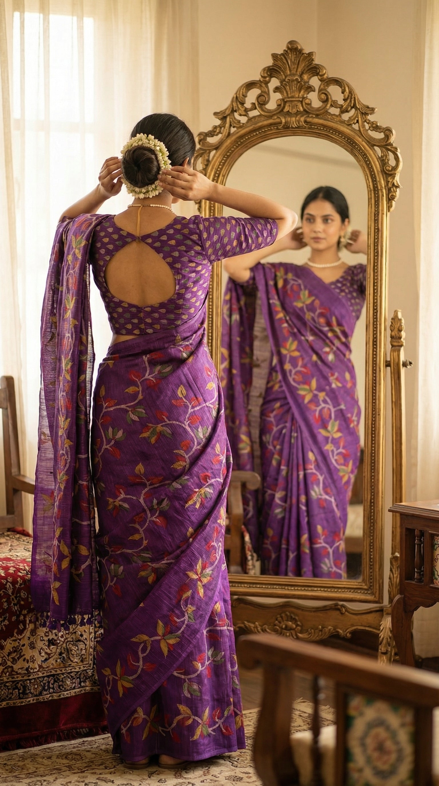 Woman wearing Designer Kota Blend Saree – Purple with Multicolor Leaf & Vine Motifs saree draped standing in front of a mirror, adjusting her hairs.