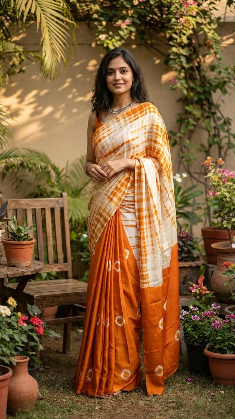 Woman wearing a designer modal silk saree – bandhani print in orange & white with shibori pallu standing in a garden setting.