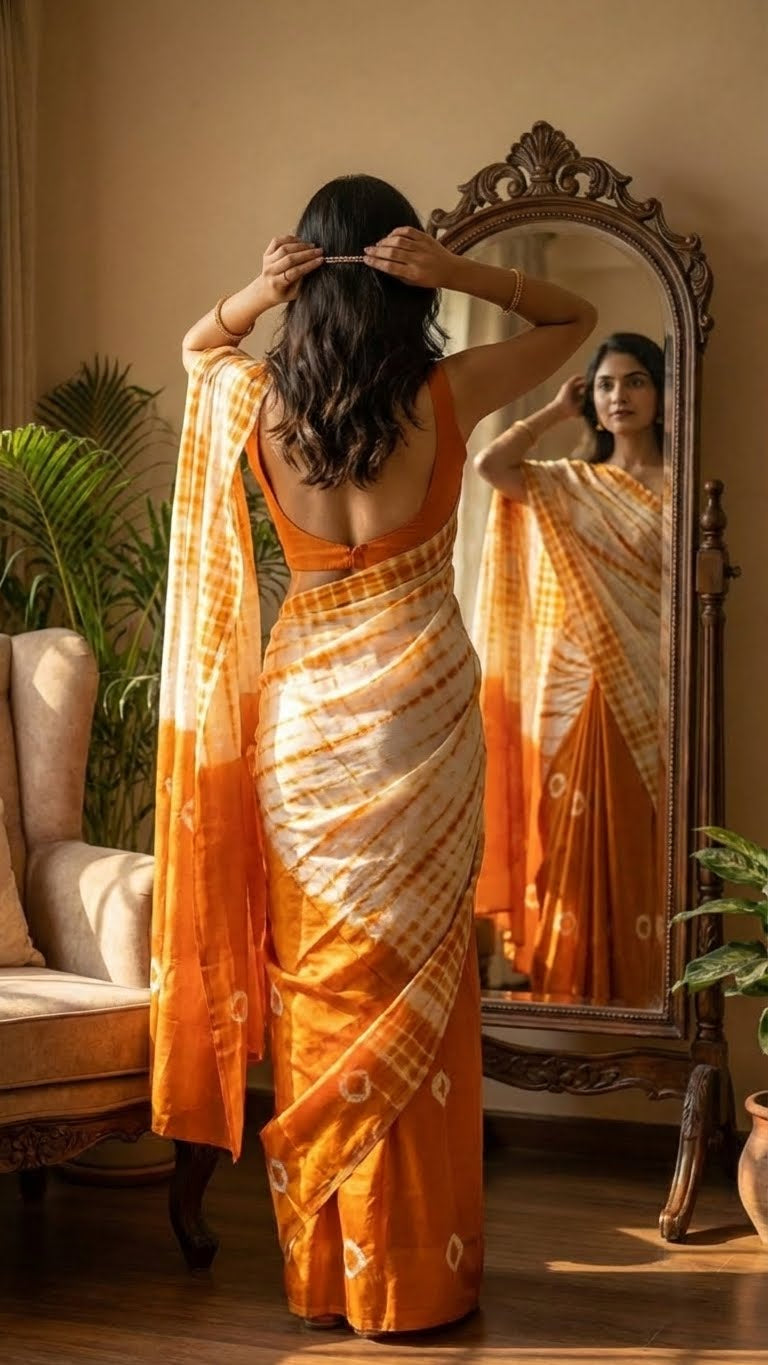 Woman wearing a designer modal silk saree – bandhani print in orange & white with shibori pallu adjusting her hairs in front of a mirror.