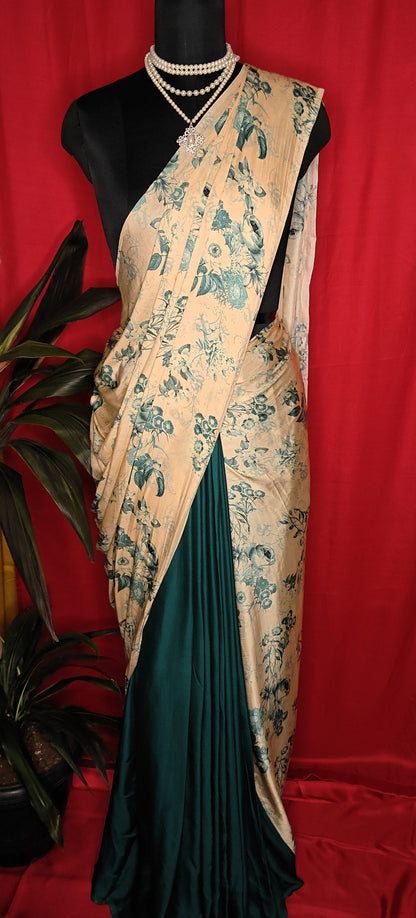 Designer Modal Silk Saree – Beige & Deep Green with Floral Print and Dual-Tone Drape draped on a mannequin.