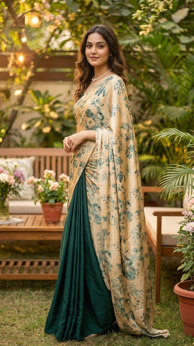 Woman in a designer modal silk saree – beige & deep green with floral print and dual-tone drape standing outdoors with greenery and furniture in the background