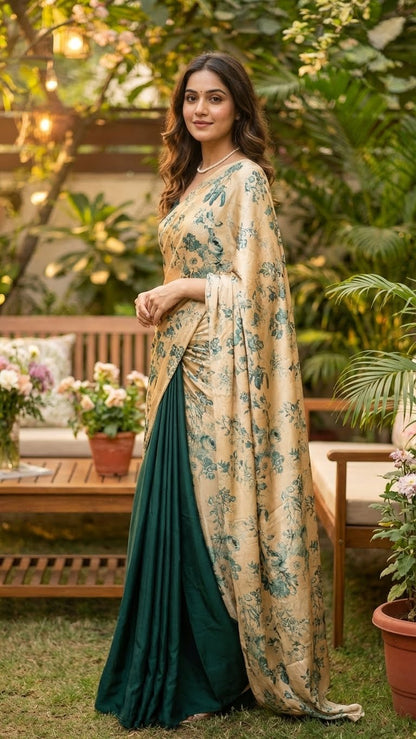 Woman in a designer modal silk saree – beige & deep green with floral print and dual-tone drape standing outdoors with greenery and furniture in the background