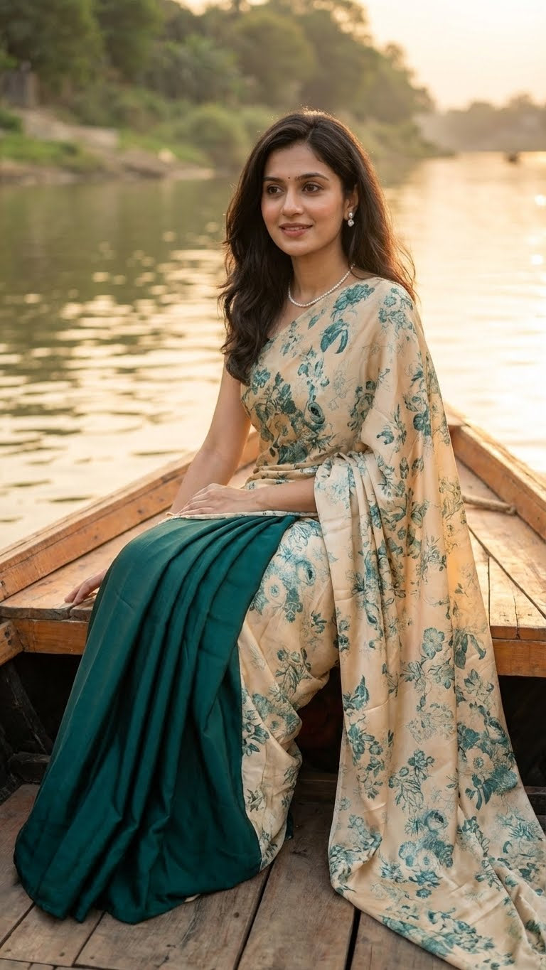 Woman in a designer modal silk saree – beige & deep green with floral print and dual-tone drape sitting on a boat by a river