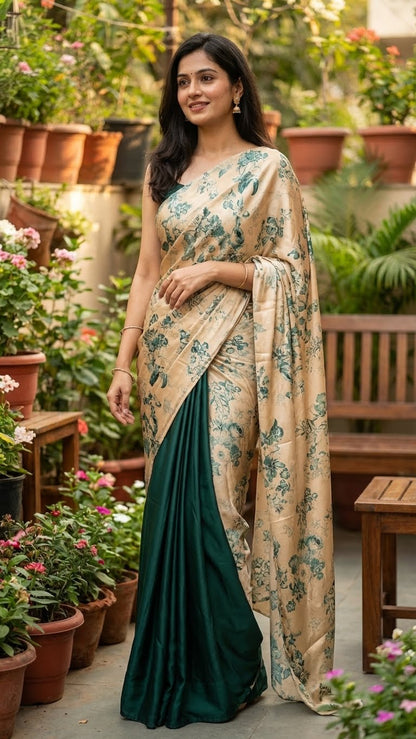 Woman in a designer modal silk saree – beige & deep green with floral print and dual-tone drape standing in a garden with plants and flowers around.