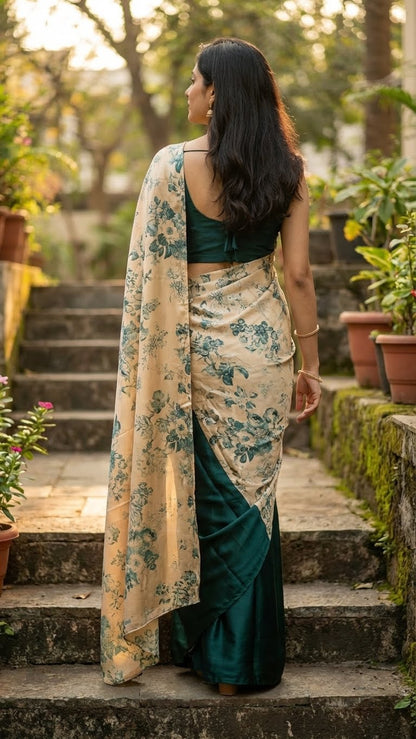 Woman in a designer modal silk saree – beige & deep green with floral print and dual-tone drape standing on steps outdoors