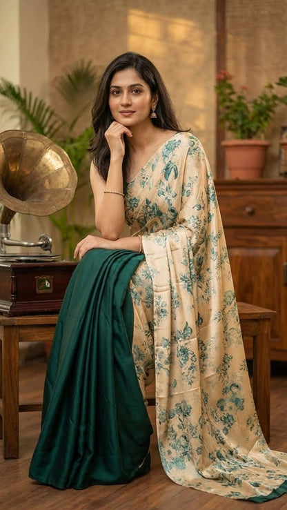 Woman in a designer modal silk saree – beige & deep green with floral print and dual-tone drape sitting in a room with plants and vintage decor.