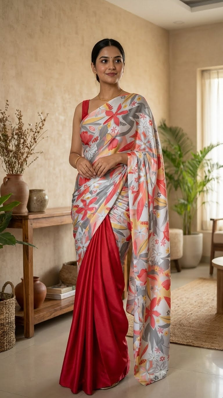 Woman wearing a designer satin-georgette saree – grey base with multicolor floral print in a home setting.