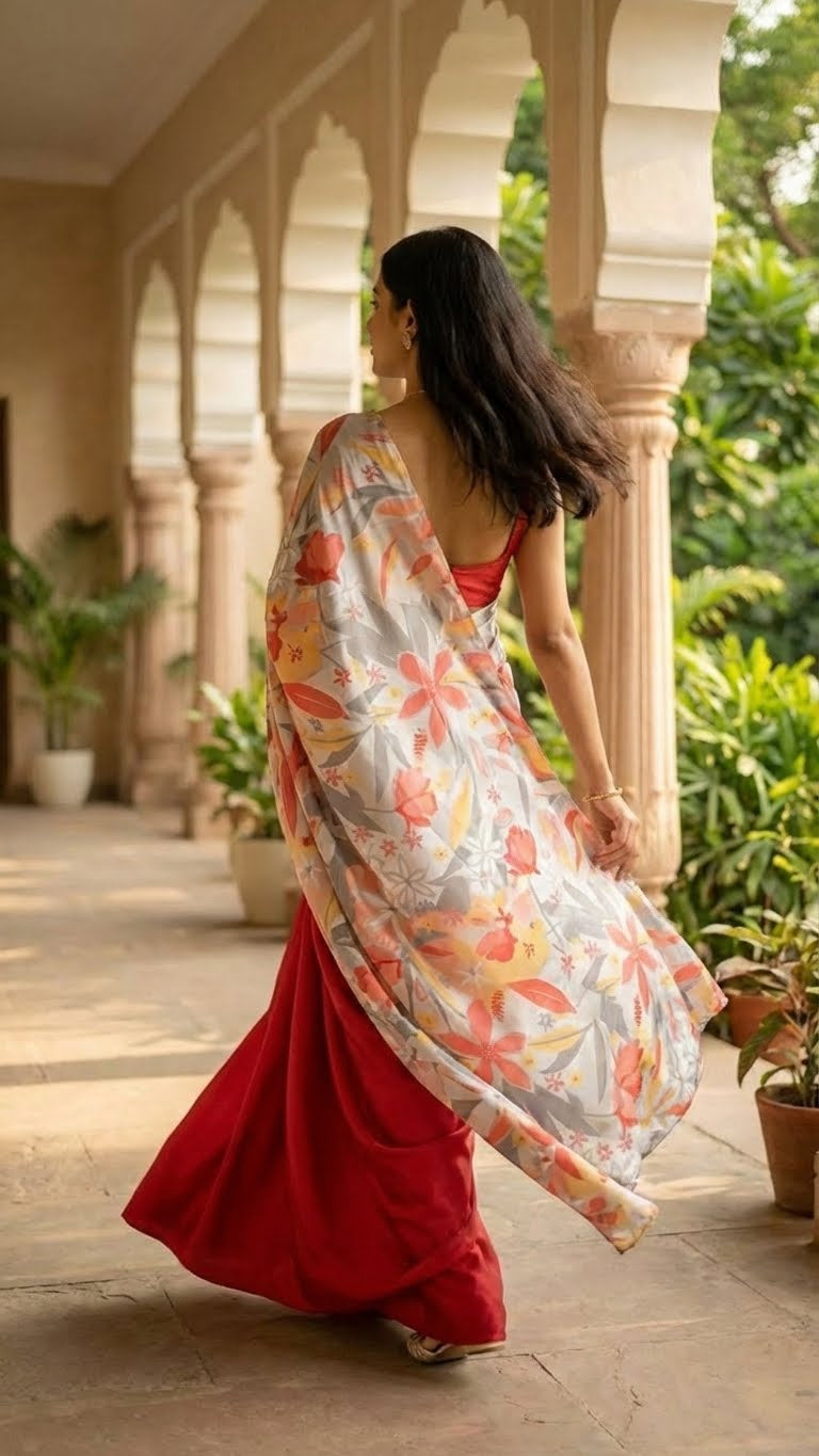 Woman in a designer satin-georgette saree – grey base with multicolor floral print walking through an archway with greenery around.