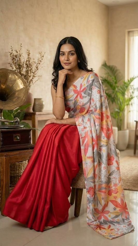 Woman in a designer satin-georgette saree – grey base with multicolor floral print sitting on a chair in a room with plants and decor.