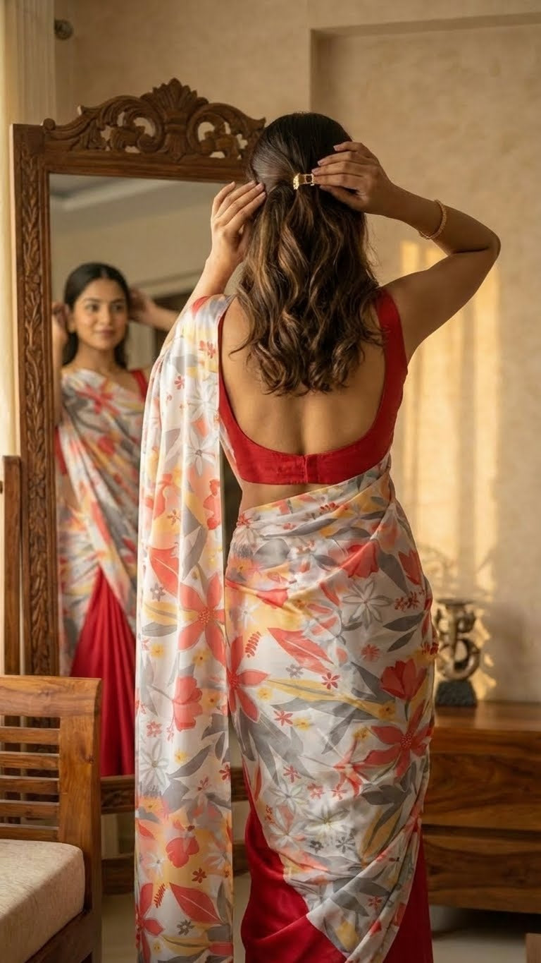 Woman adjusting her hair in front of a mirror wearing a designer satin-georgette saree – grey base with multicolor floral print.