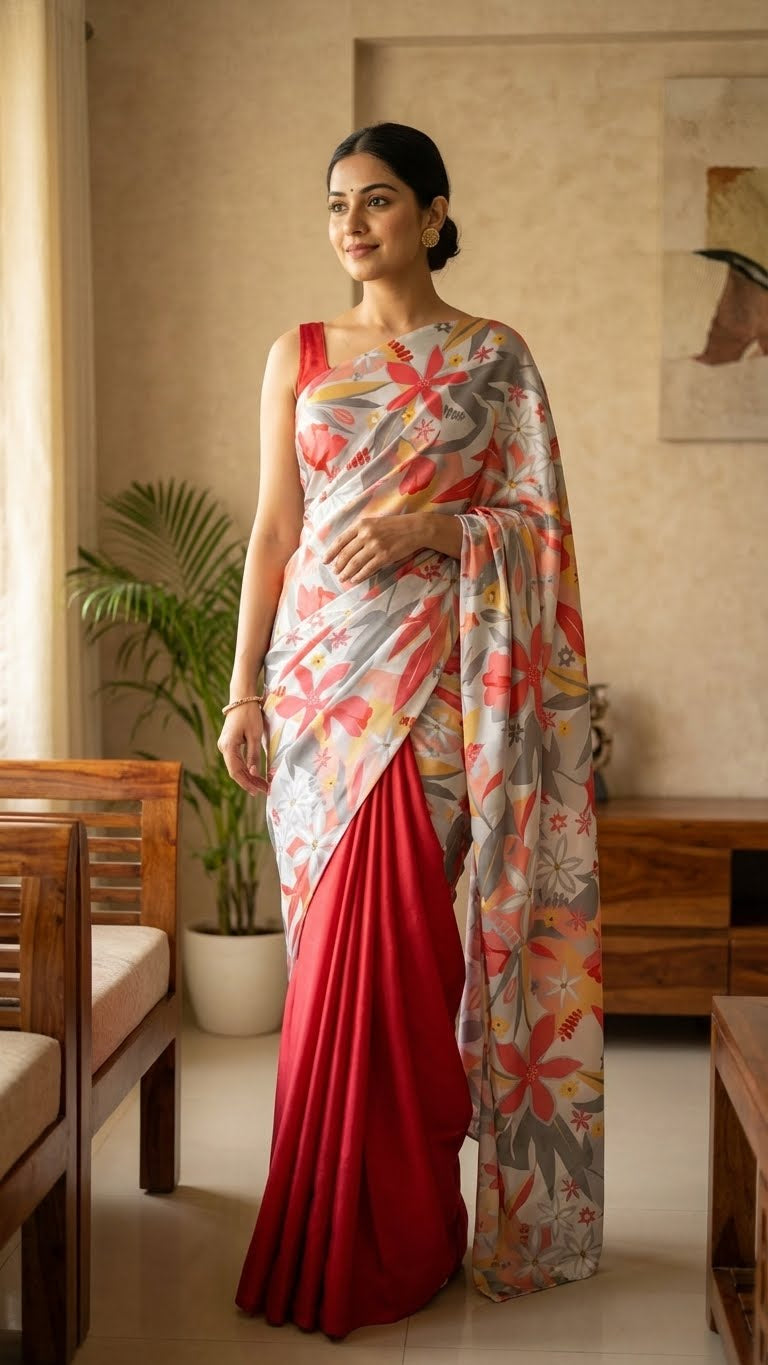 Woman wearing a designer satin-georgette saree – grey base with multicolor floral print in a room with wooden furniture and a plant.