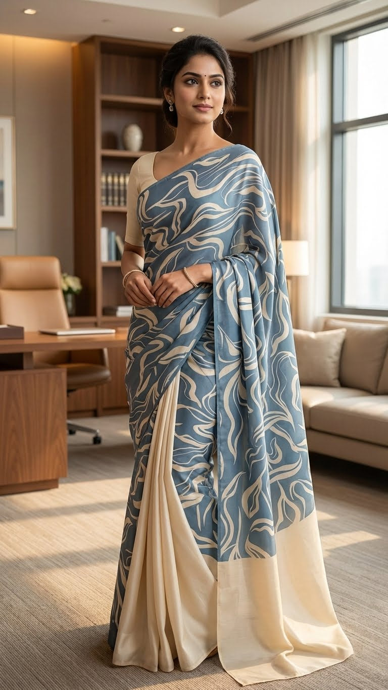 Woman in a designer silk saree – blue abstract print with cream pallu standing in a modern living room.