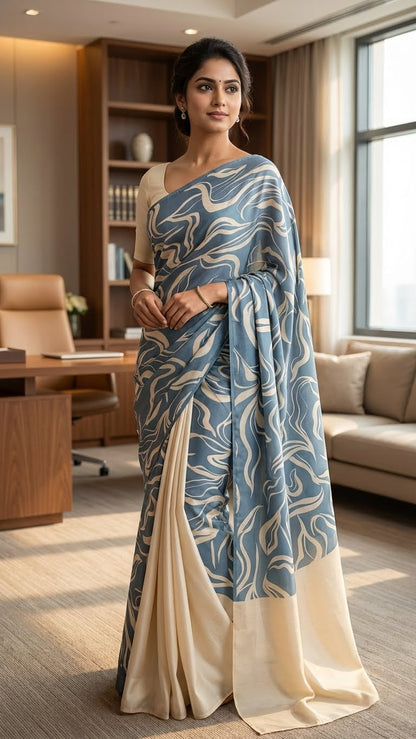 Woman in a designer silk saree – blue abstract print with cream pallu standing in a modern living room.