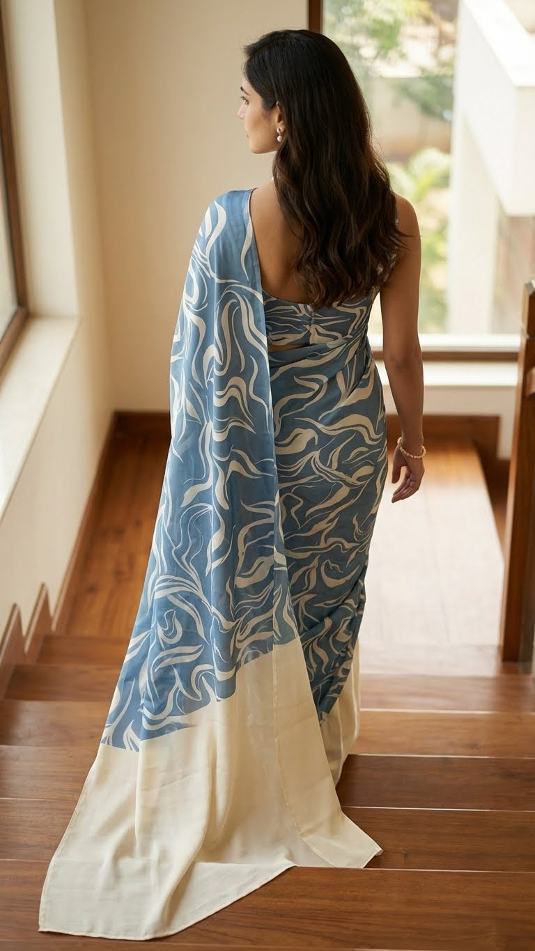 Woman wearing a bdesigner silk saree – blue abstract print with cream pallu in a room with wooden flooring and a window.