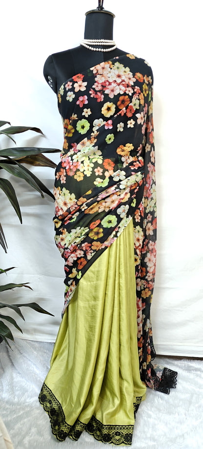 Designer Silk Saree with Printed Organza Pallu – Black & Mint Green Floral Elegance draped on a mannequin.