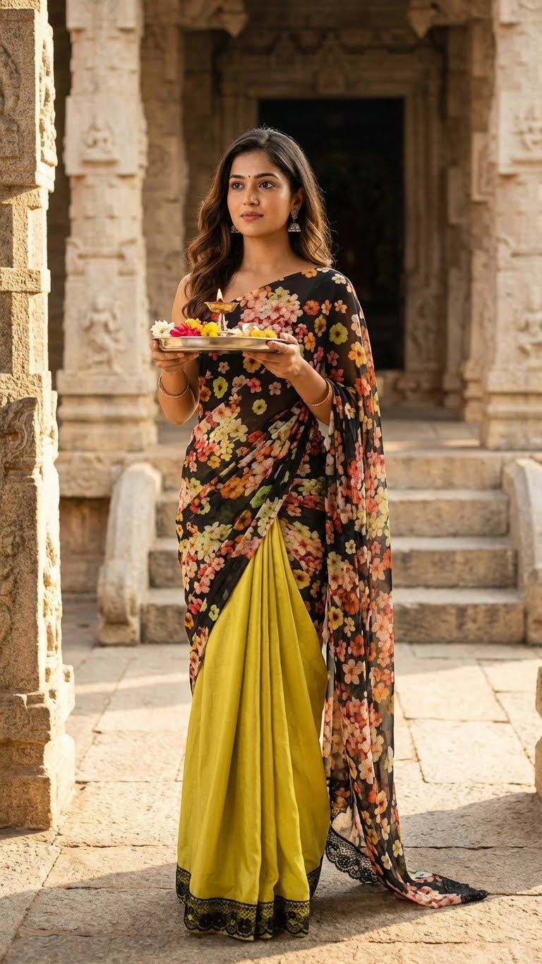 Woman in a designer silk saree with printed organza pallu – black & mint green floral elegance with a yellow border standing in front of stone architecture.