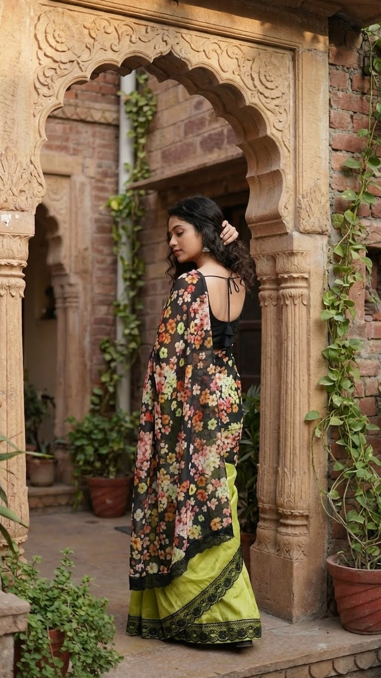 Woman in a designer silk saree with printed organza pallu – black & mint green floral elegance standing in an architectural setting with plants.