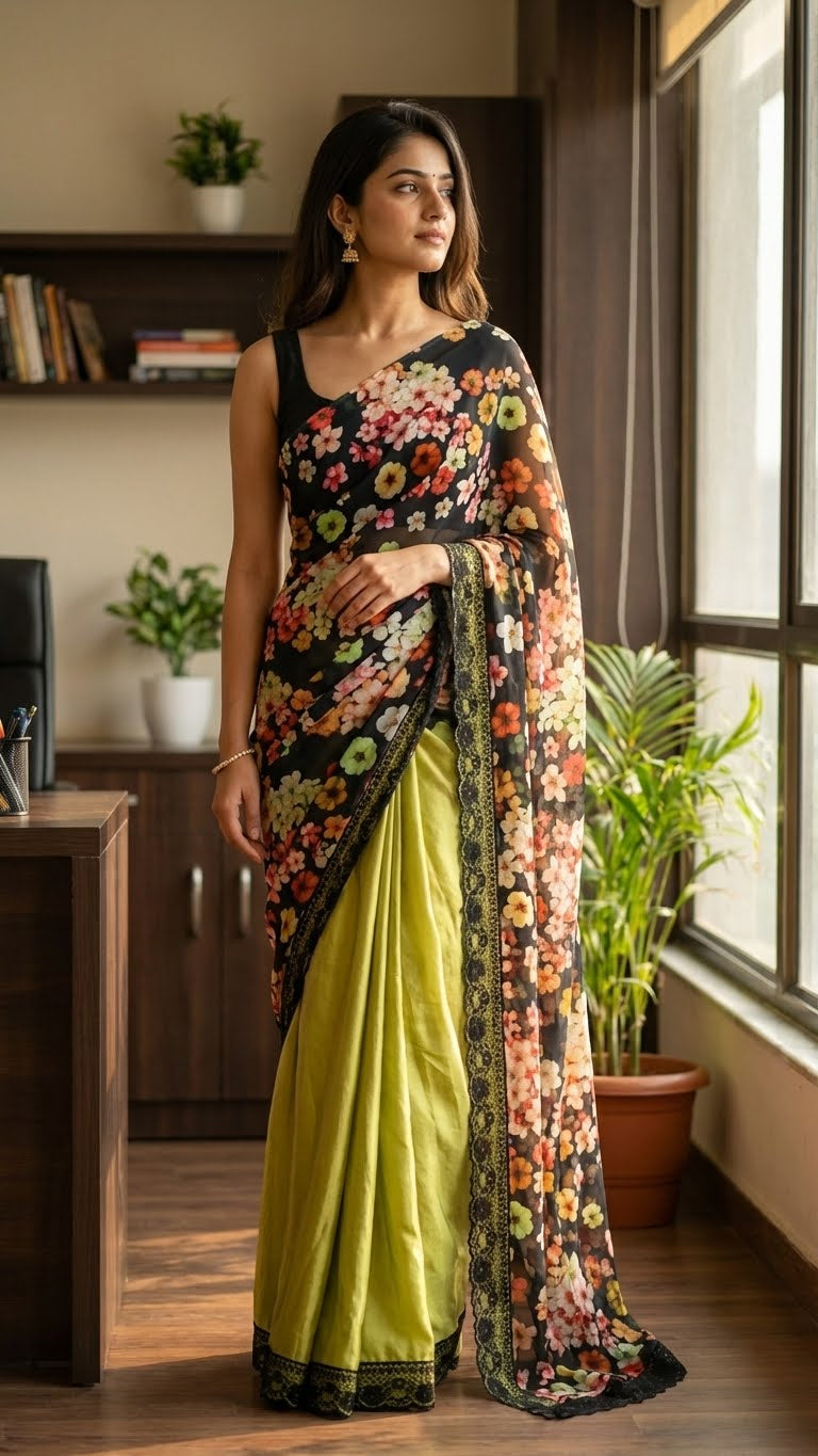 Woman wearing a designer silk saree with printed organza pallu – black & mint green floral elegance with a green skirt indoors.
