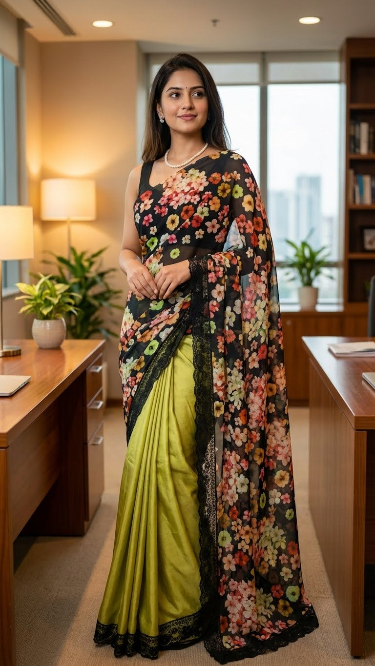 Woman in a designer silk saree with printed organza pallu – black & mint green floral elegance standing in an office setting