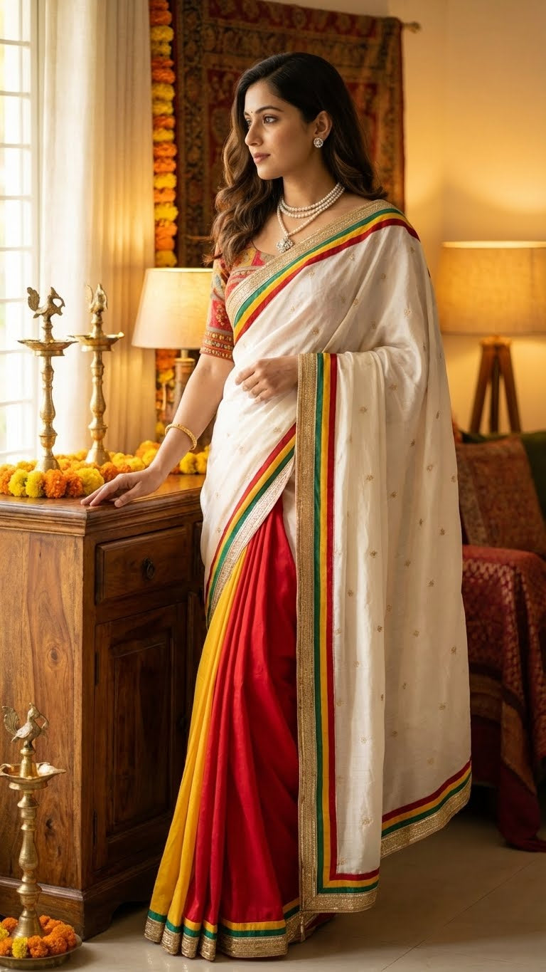 Woman in a designer silk saree with brocade blouse – multicolor elegance with lace border standing in a decorated room.
