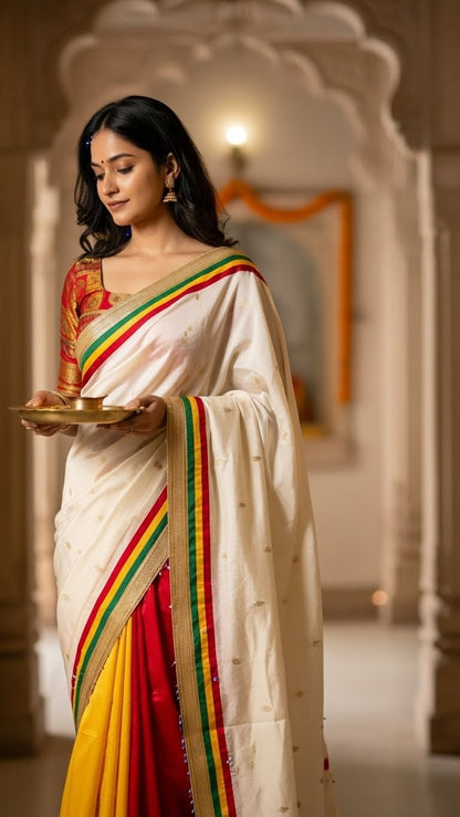 Woman in a designer silk saree with brocade blouse – multicolor elegance with lace border with a colorful border, holding a tray.