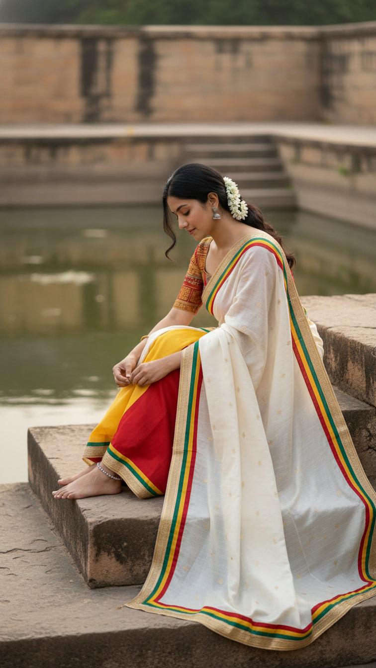 Woman in a designer silk saree with brocade blouse – multicolor elegance with lace border sitting by a water body.