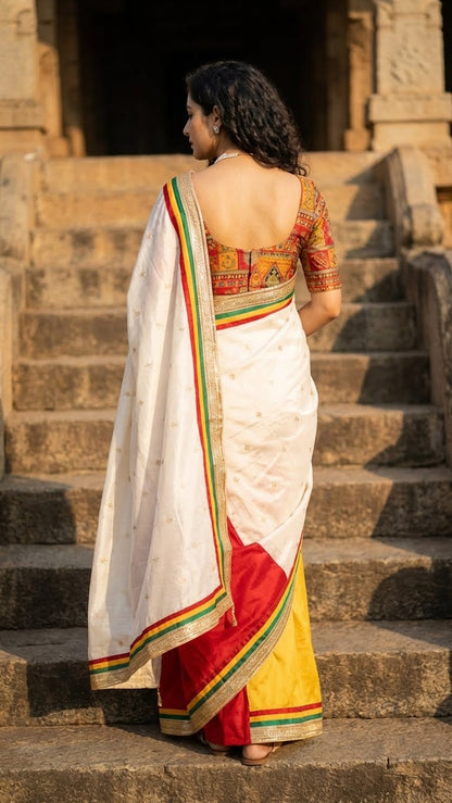 Woman in a designer silk saree with brocade blouse – multicolor elegance with lace border standing on stone steps with a historical architecture background.
